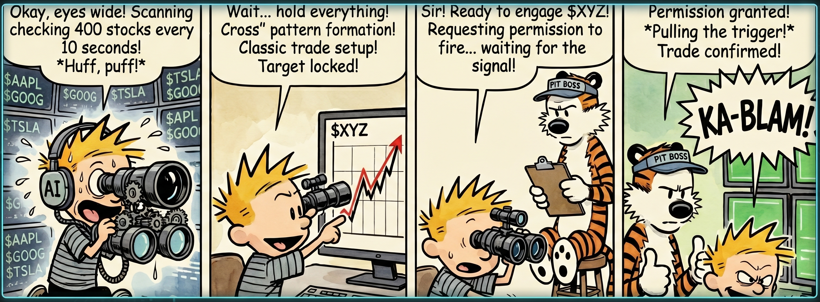 The AI Trading Sniper Model comic showing scanning, locking on a setup, requesting pit boss approval, and confirming the trade.